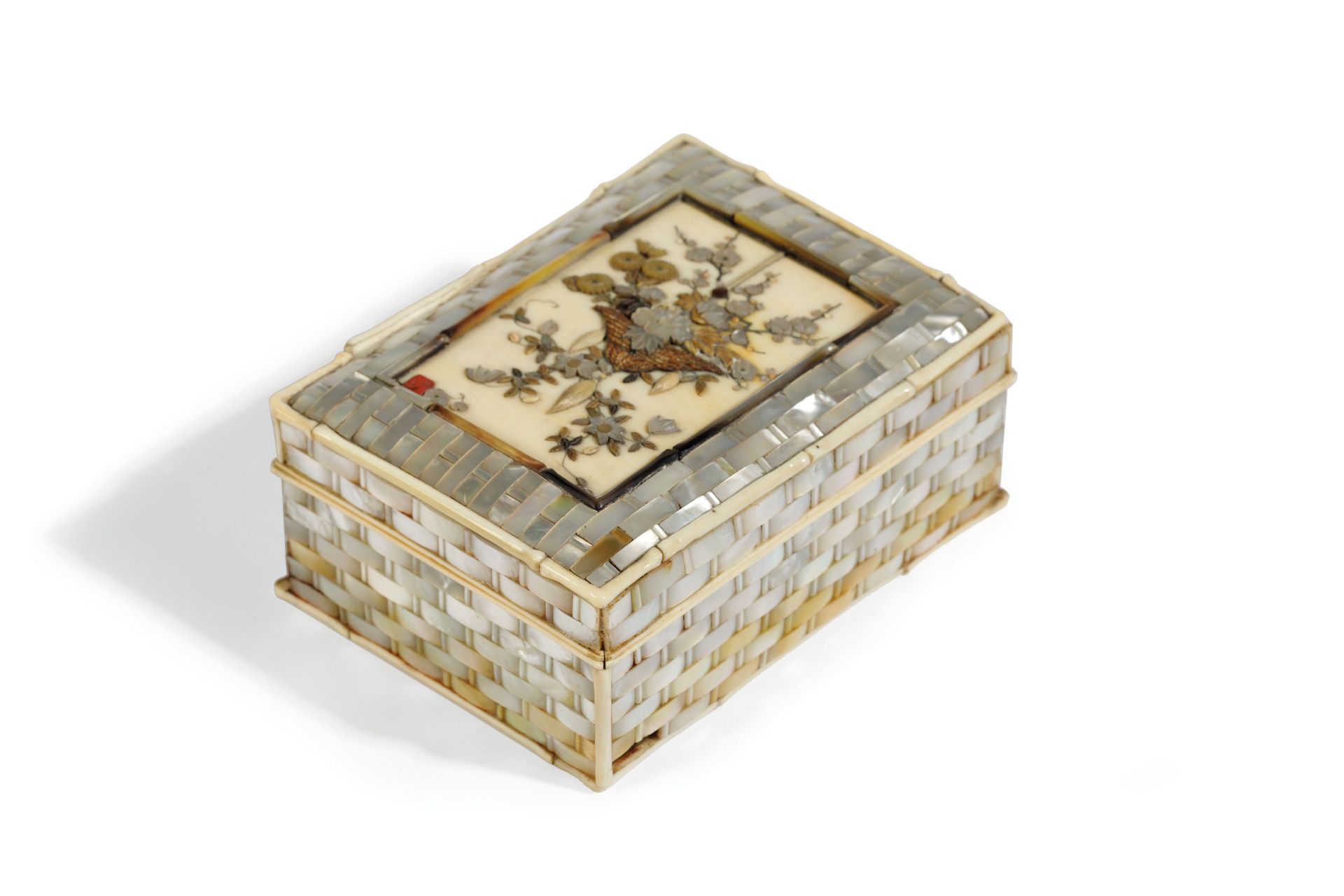 A SHIBAYAMA INLAID IVORY, MOTHER-OF-PEARL AND WOOD BOX AND COVER, MEIJI PERIOD, 19TH CENTURY