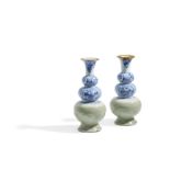 A CLOSE PAIR OF CELADON, BLUE AND WHITE TRIPLE GOURDE VASES (2)