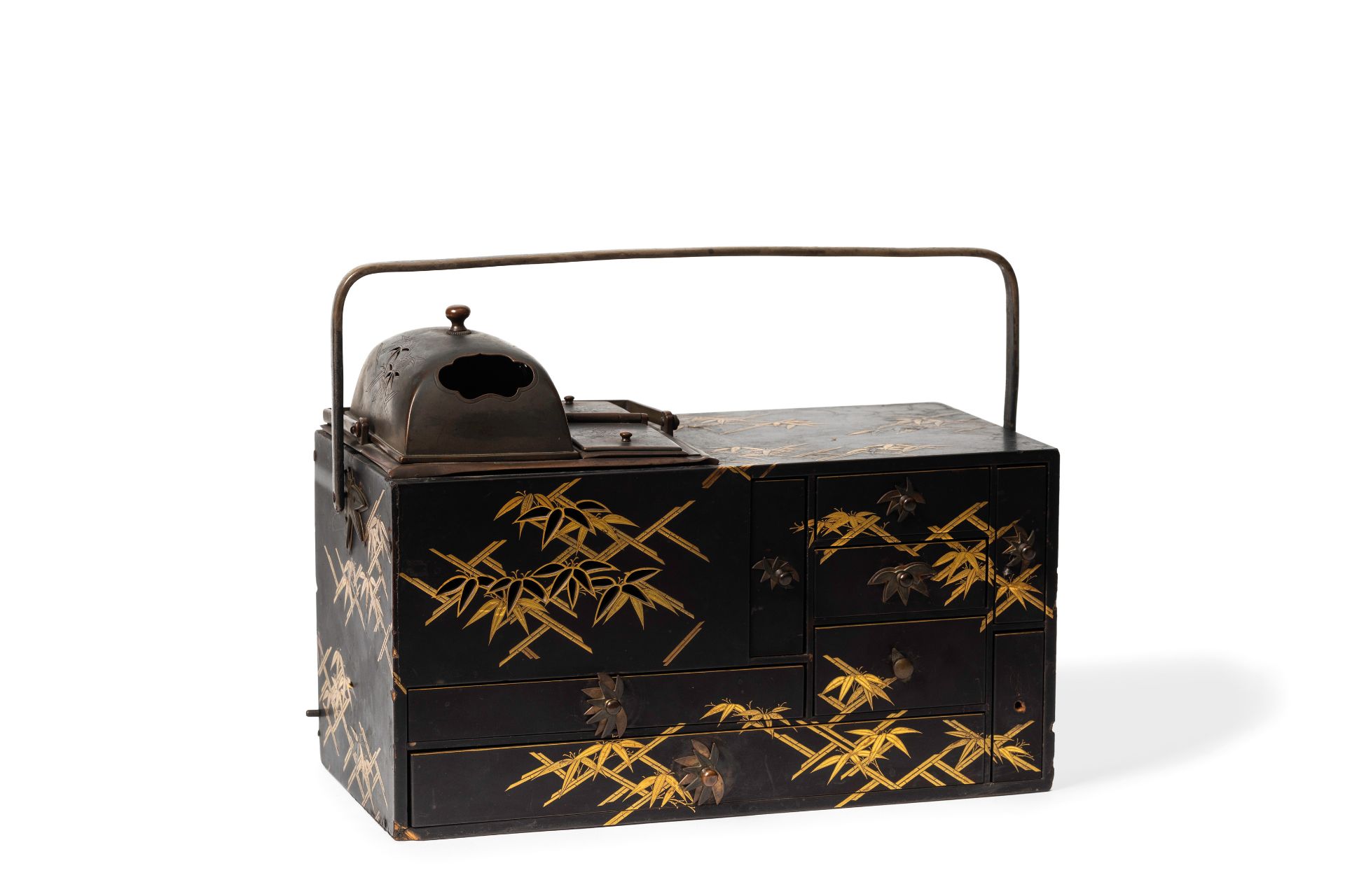 AN UNUSUAL BLACK AND GILT LAQUER CABINET FOR TOBACCO, JAPAN, MEIJI PERIOD (1869-1912)