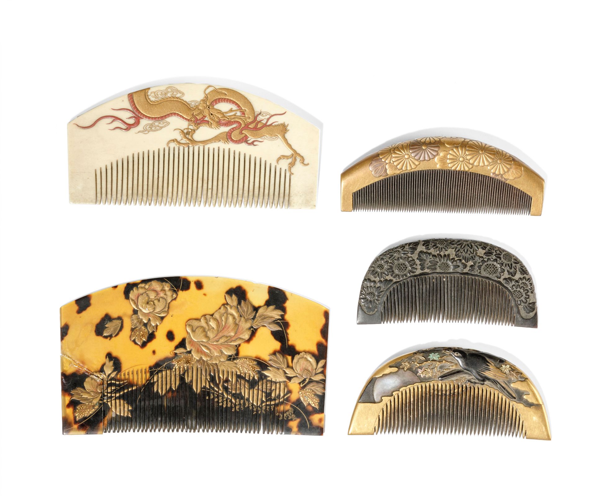 FIVE MISCELLANEOUS MATERIAL COMBS, JAPAN, MEIJI-TAISHO PERIOD (5)