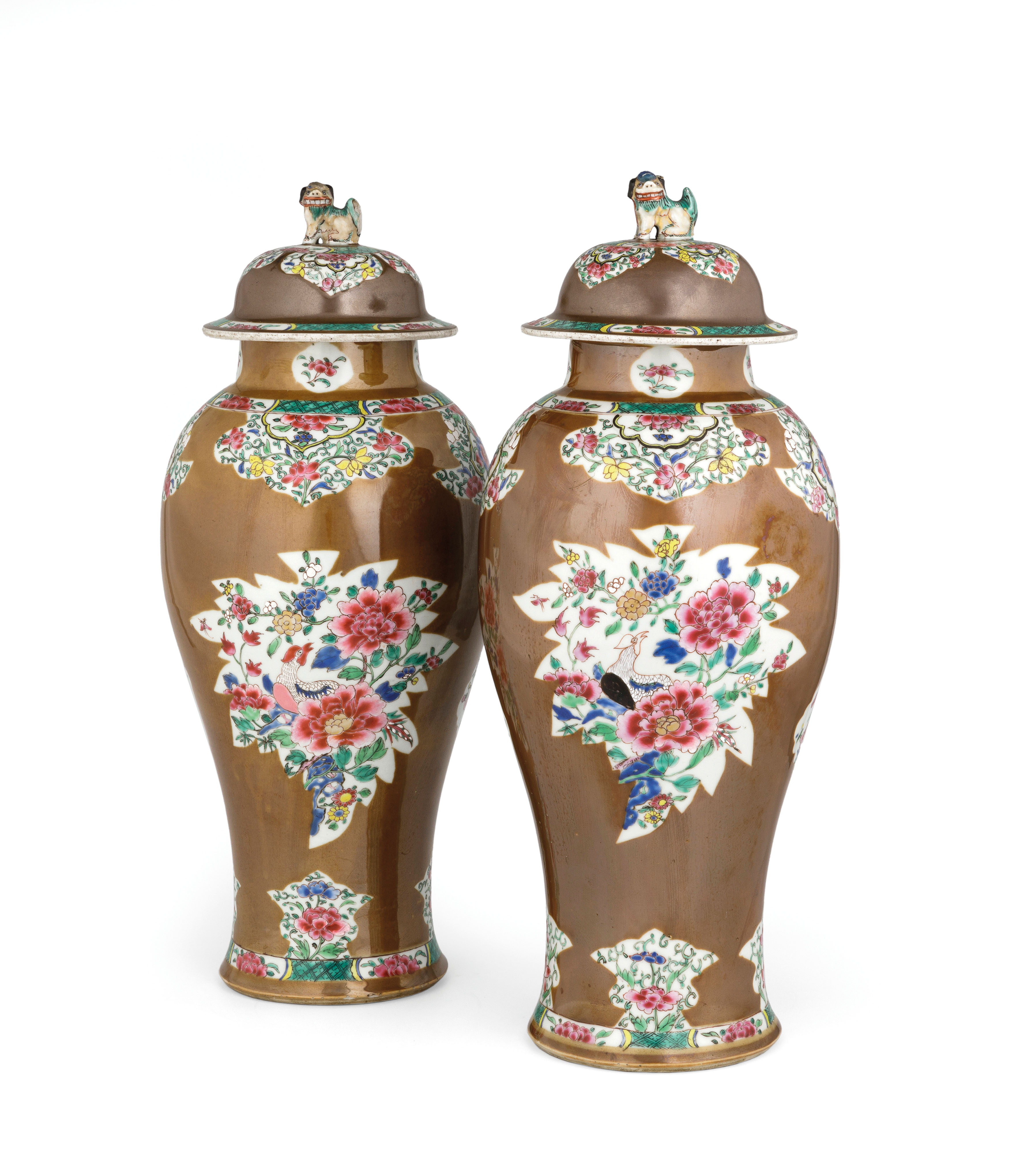 A PAIR OF FAMILLE ROSE PORCELAIN CAFE-AU-LAIT GROUND VASES AND COVERS, CHINA, 18TH CENTURY, QIANLONG