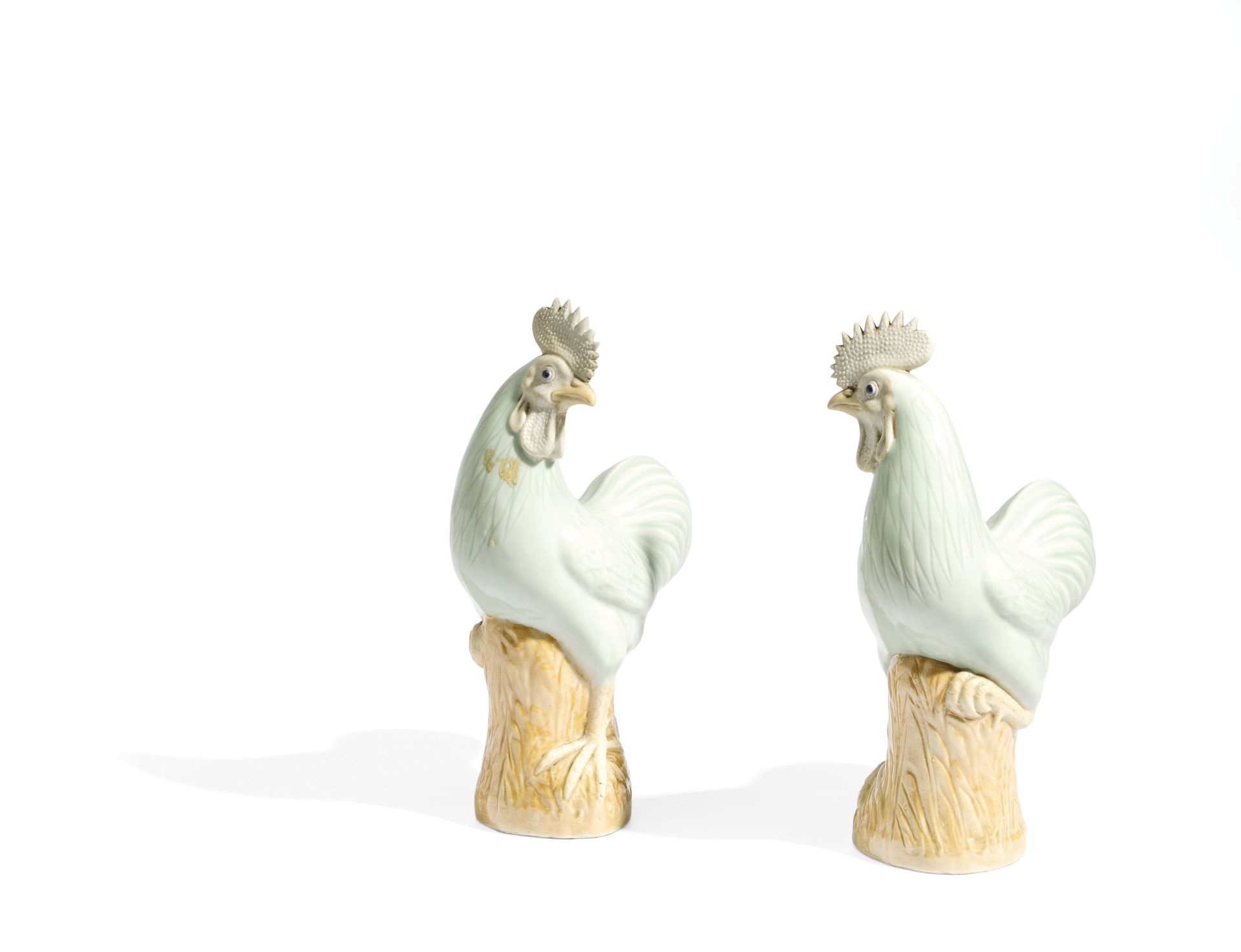 A FINE PAIR OF CELANDON PORCELAIN FIGURES OF STANDING COCKS, CHINA, QING DYNASTY, QIANLONG PERIOD (1