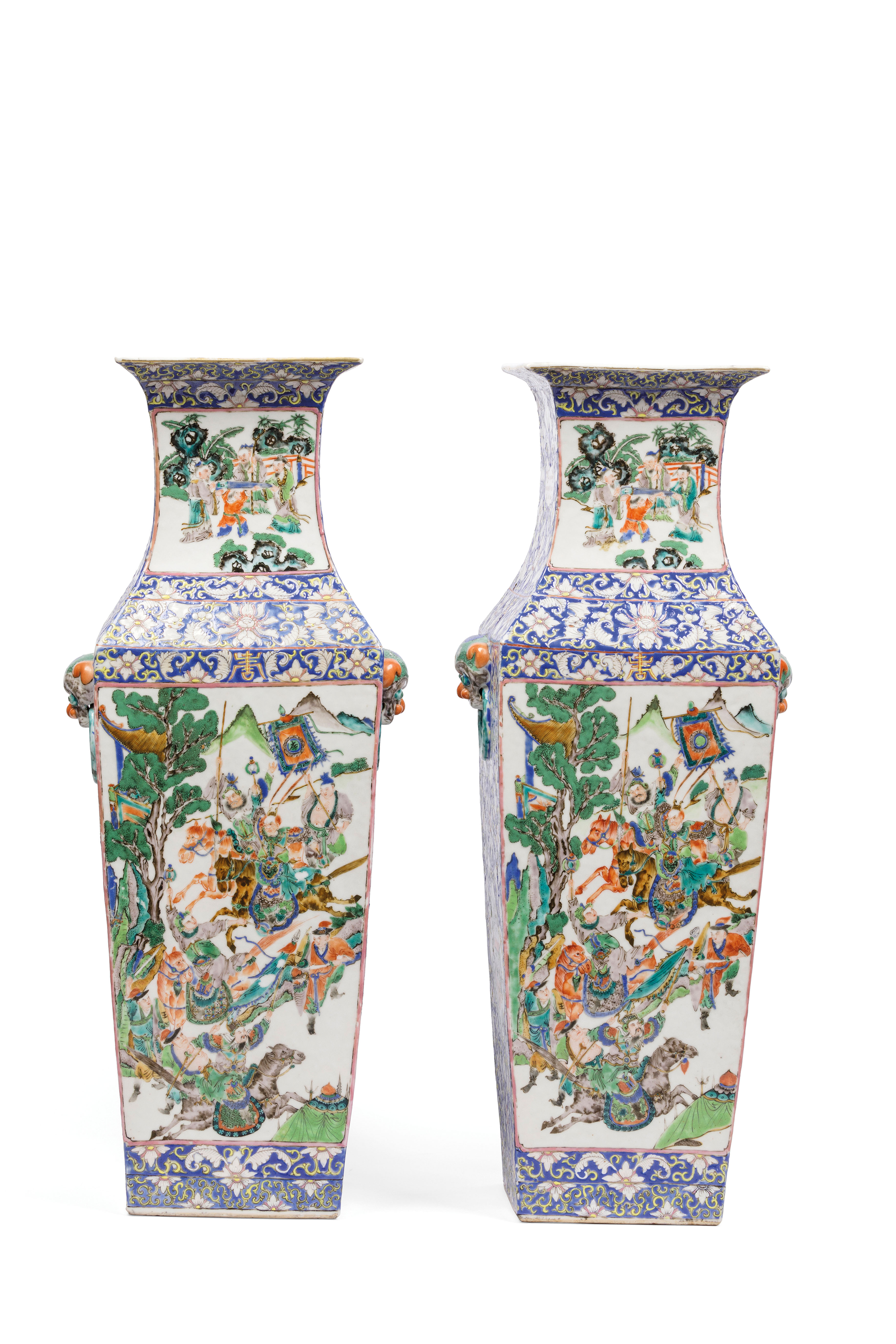 A RARE PAIR OF A LARGE FAMILLE VERT AND BLUE-GROUND PORCELAIN SQUARE VASES, CHINA, 19TH CENTURY (2) - Image 2 of 6