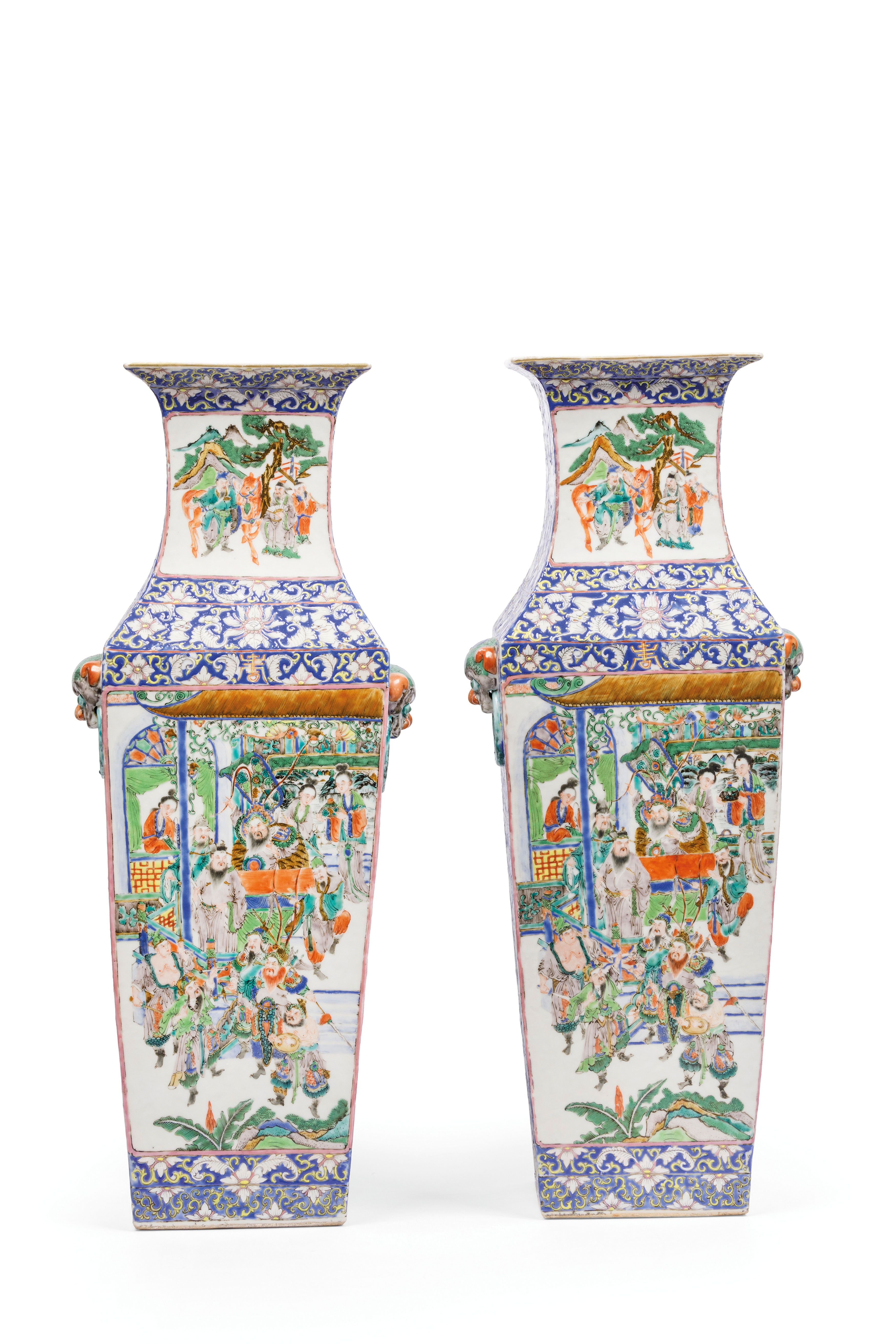 A RARE PAIR OF A LARGE FAMILLE VERT AND BLUE-GROUND PORCELAIN SQUARE VASES, CHINA, 19TH CENTURY (2)