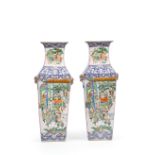 A RARE PAIR OF A LARGE FAMILLE VERT AND BLUE-GROUND PORCELAIN SQUARE VASES, CHINA, 19TH CENTURY (2)