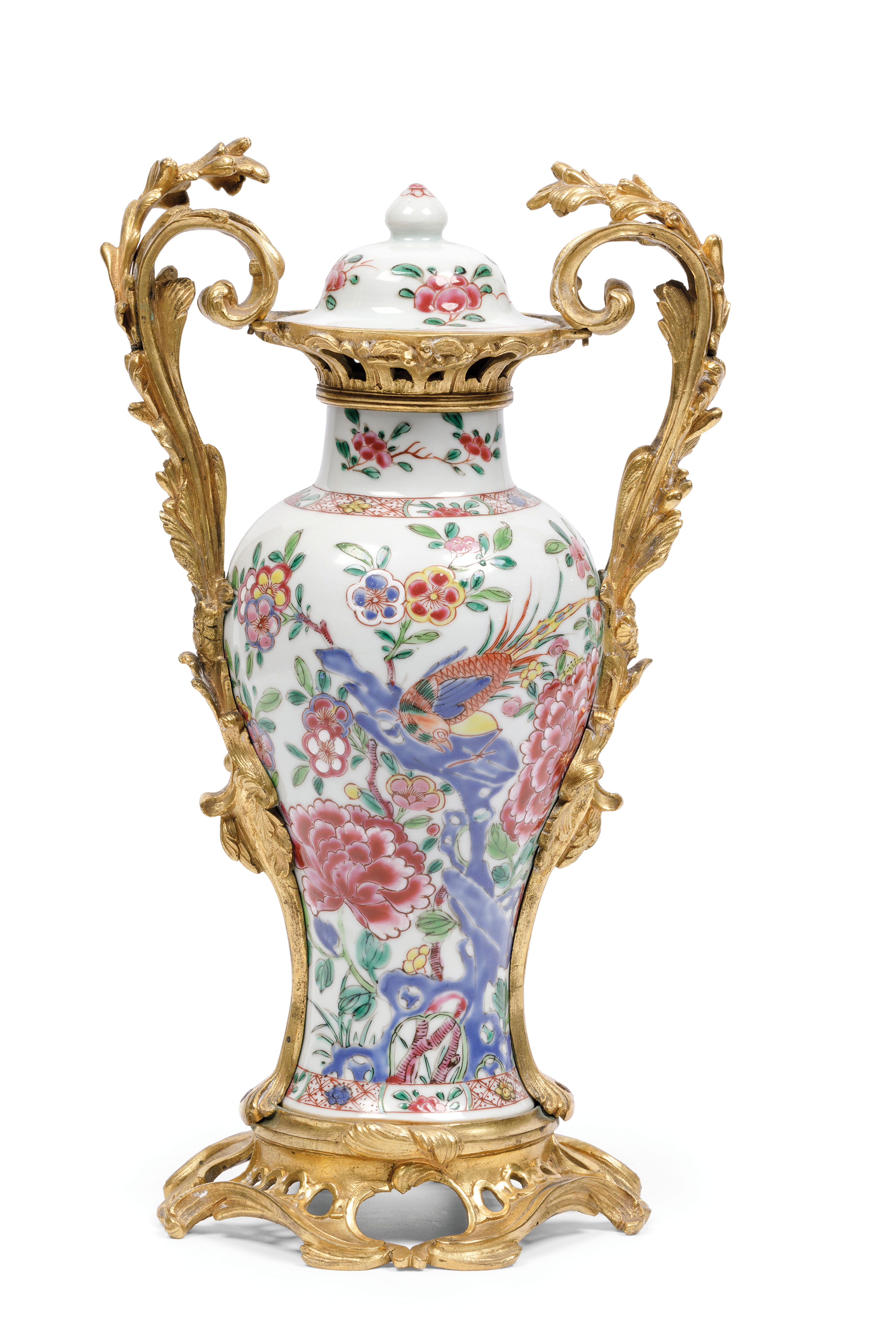 AN ORMOLU-MOUNTED FAMILLE ROSE PORCELAIN POTICHE AND COVER, CHINA, 18TH CENTURY, THE EUROPEAN MOUNT