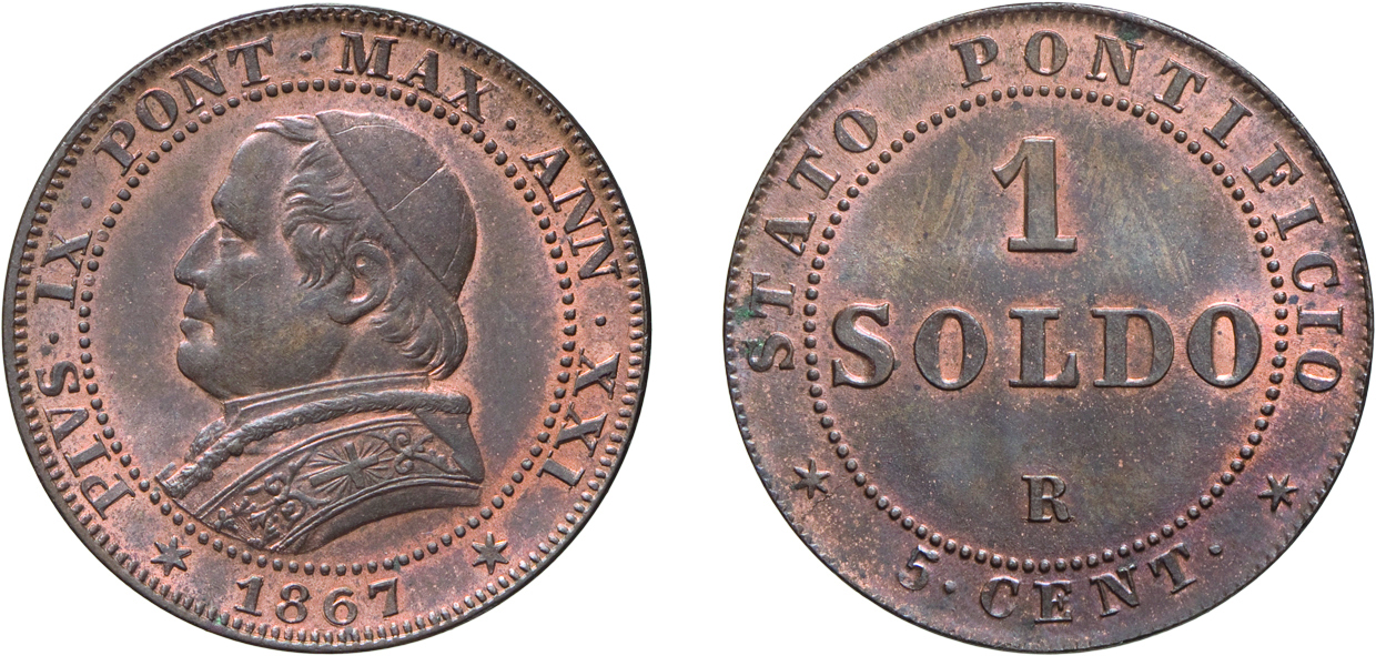 MONETE PAPALI. PIO IX (1846-1878). SOLDO 1867 A. XXI