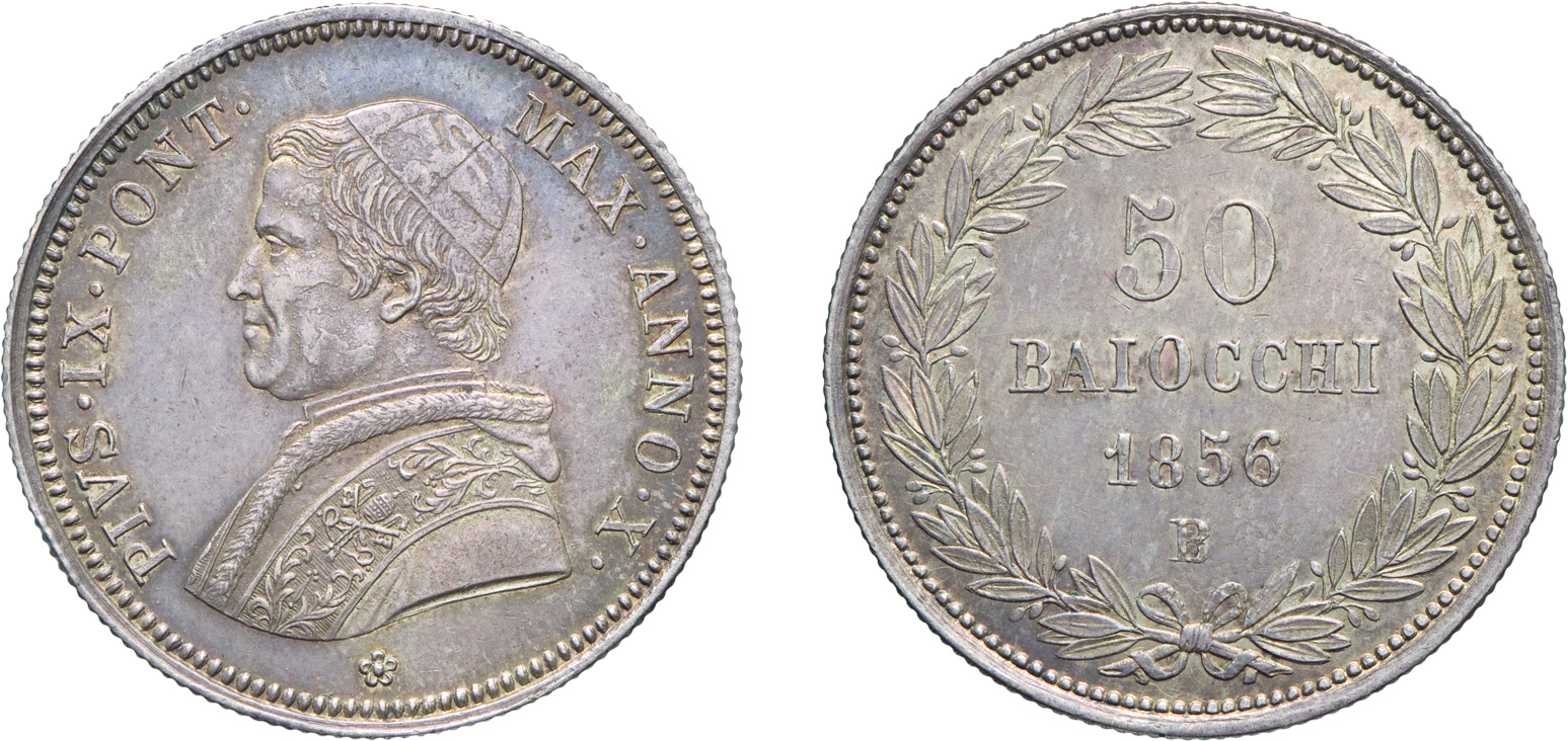 MONETE PAPALI. PIO IX (1846-1878). 50 BAIOCCHI 1856 A. X