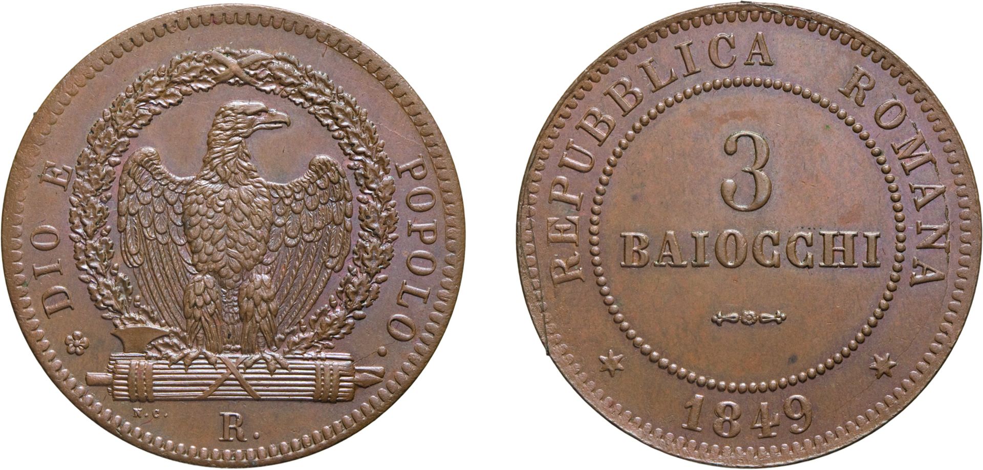 ZECCHE ITALIANE. SECONDA REPUBBLICA ROMANA (1848-1849). 3 BAIOCCHI 1849