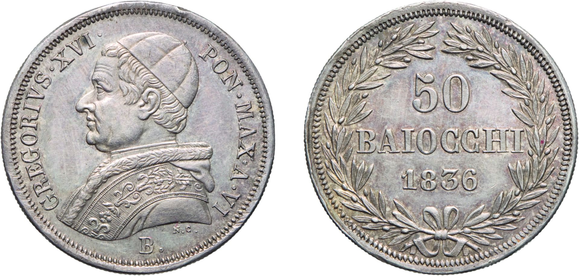 MONETE PAPALI.GREGORIO XVI (1831-1846). 50 BAIOCCHI 1836 A. VI