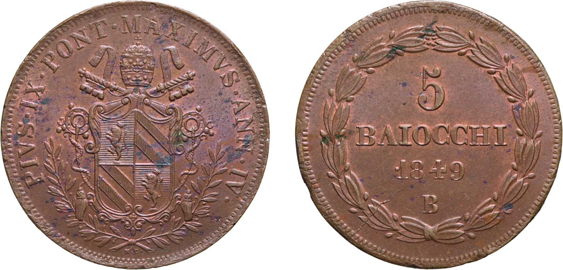 MONETE PAPALI. PIO IX (1846-1878). 5 BAIOCCHI 1849 A. IV