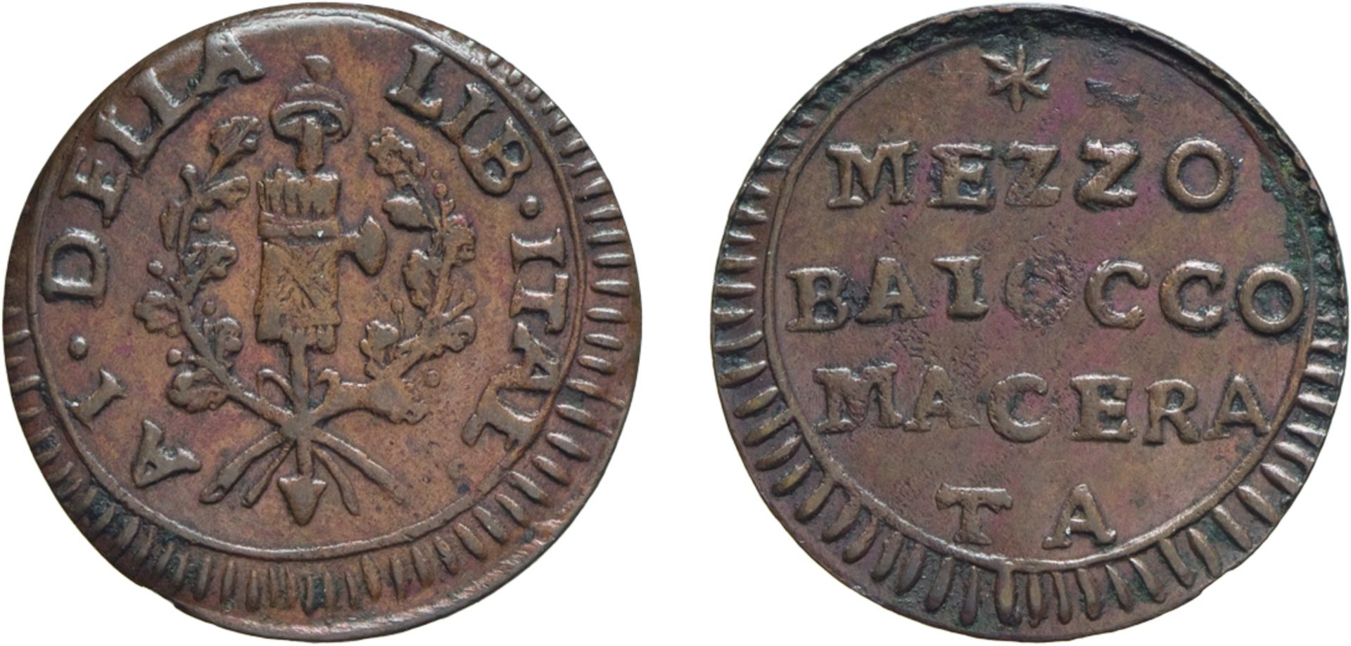 ZECCHE ITALIANE. MACERATA. PRIMA REPUBBLICA ROMANA (1798-1799) MEZZO BAIOCCO (1798)