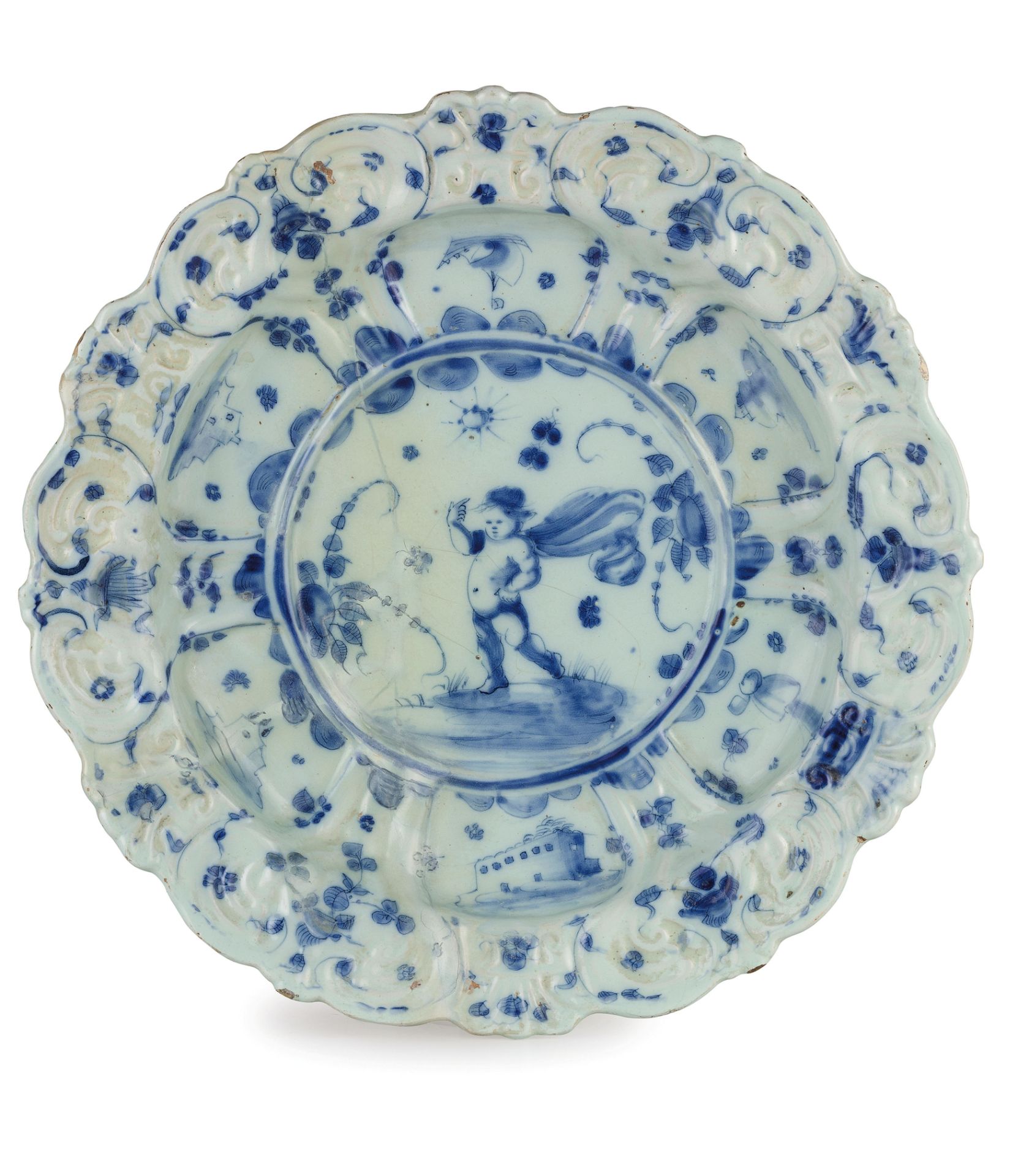 PIATTO DA PARATA IN MAIOLICA BIANCA E BLU, FORNACE LIGURE, XVIII SECOLO