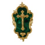 ACQUASANTIERA IN BRONZO DORATO E MALACHITE, XX SECOLO