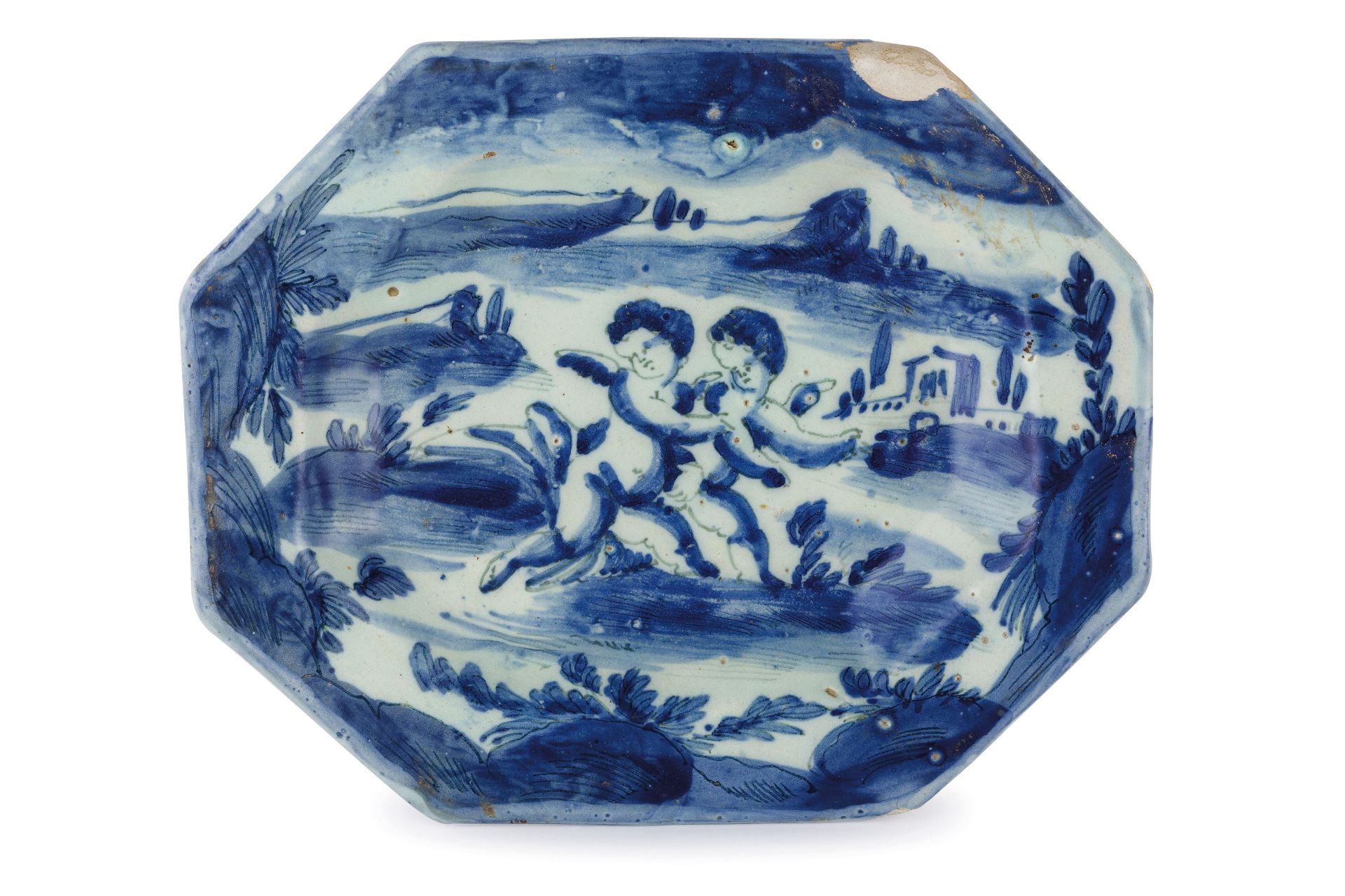 PIATTO DI SERVIZIO IN MAIOLICA BIANCA E BLU, FORNACE LIGURE, SECONDA META' DEL XVIII SECOLO