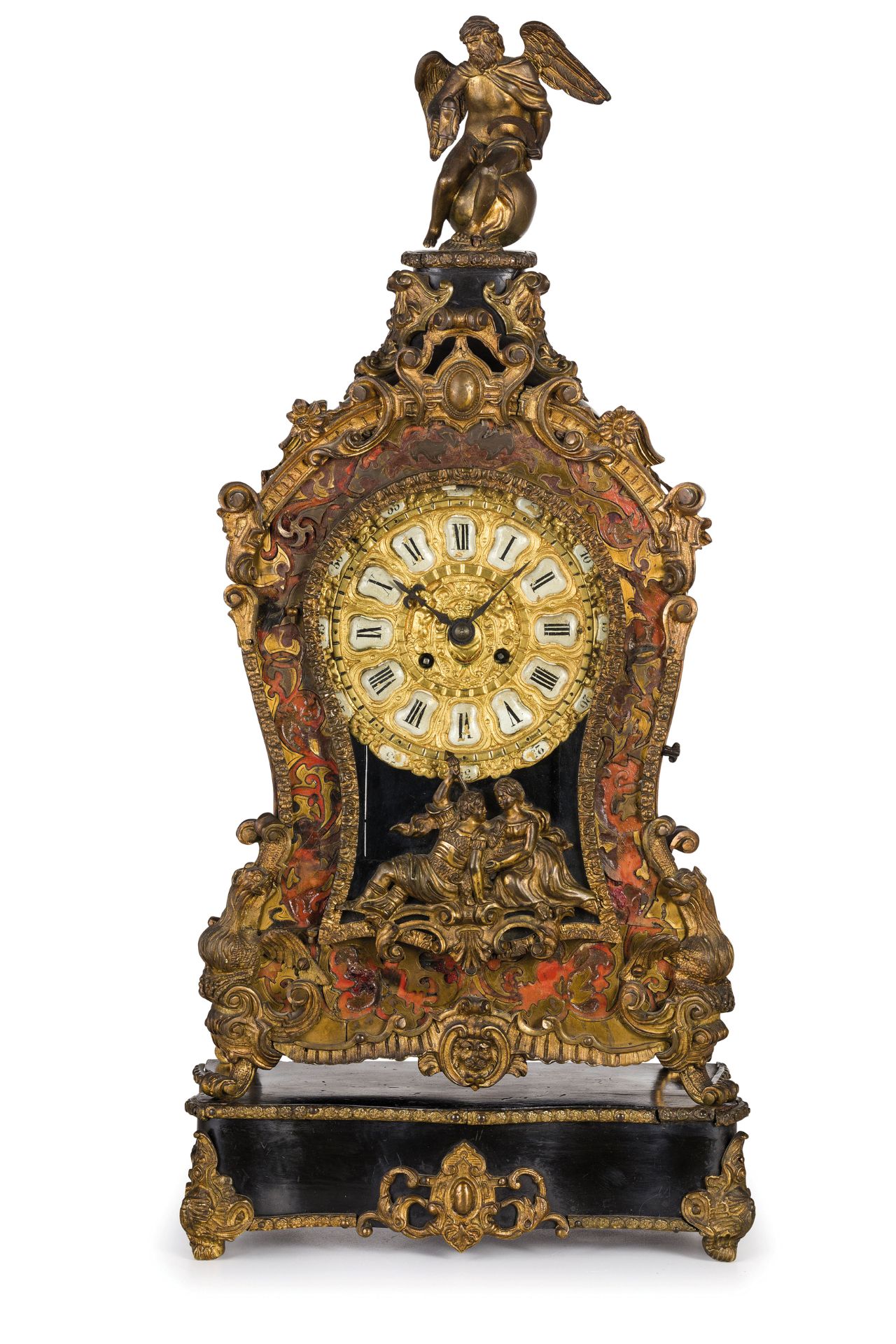 OROLOGIO D'APPOGGIO IN LEGNO EBANIZZATO E METALLO DORATO, FINE DEL XIX SECOLO