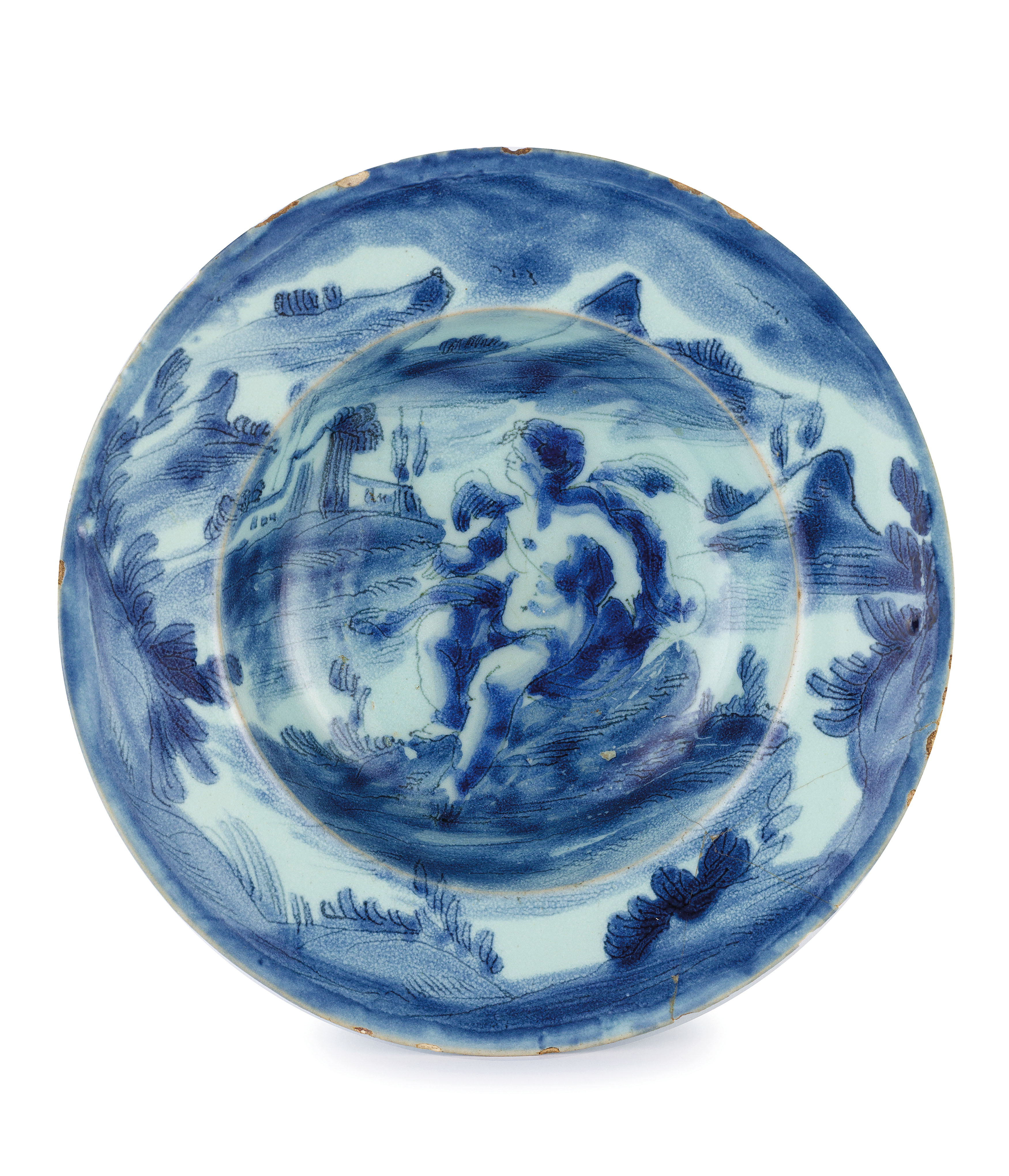 PIATTELLO IN MAIOLICA BIANCA E BLU, FORNACE DI SAVONA, XVIII SECOLO