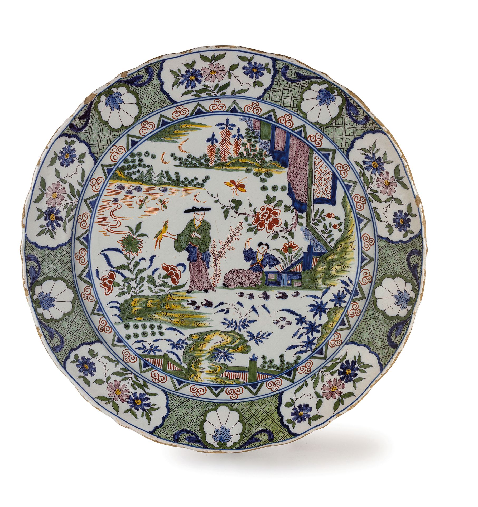 PIATTO IN MAIOLICA POLICROMA, FORNACE DI DELFT, SECOLO XVIII-XIX,