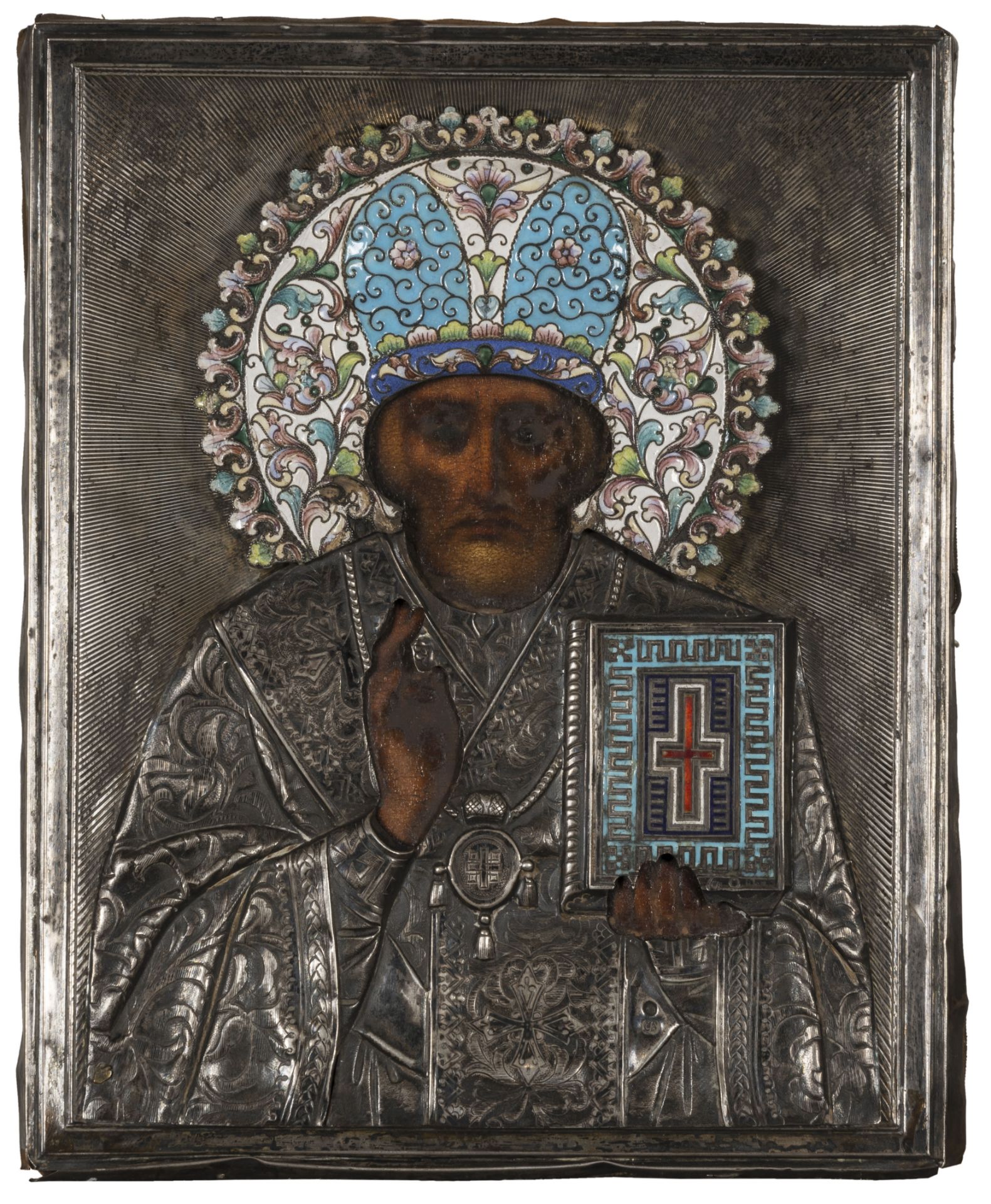 ICONA RAFFIGURANTE SAN NICOLA CON RIZA IN ARGENTO E SMALTI, MOSCA, 1908-1917, ORAFO S. AKMAKOV