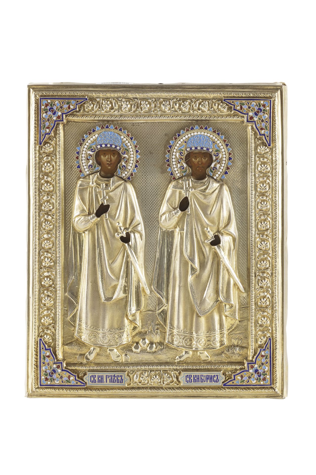 ICONA RAFFIGURANTE I SANTI BORIS E GLEB CON RIZA IN ARGENTO DORATO E SMALTI, MOSCA, 1896-1908