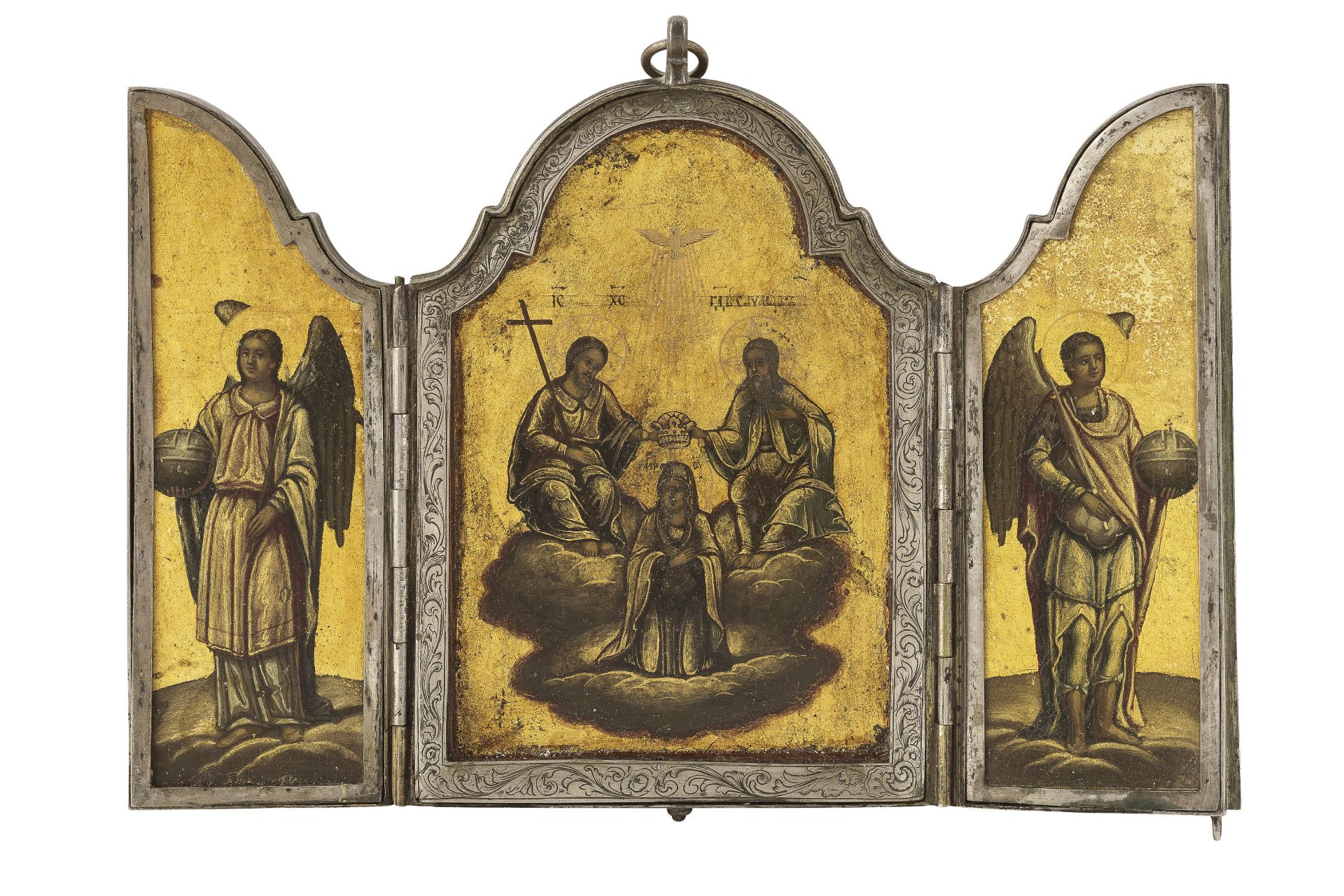 ICONA A TRITTICO RAFFIGURANTE L'INCORONAZIONE DELLA VERGINE CON MONTATURA IN ARGENTO, MOSCA, 1854, O