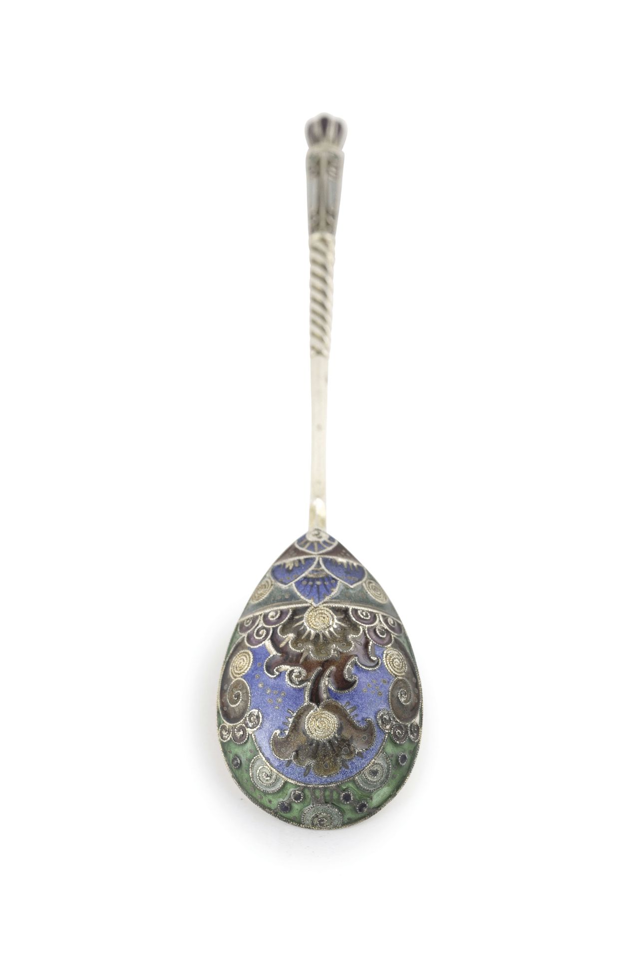 SET DI UNDICI CUCCHIAINI IN ARGENTO E SMALTI, MOSCA, 1908-1917, ORAFO K. FABERGE', BOLLO CON INSEGNE - Bild 2 aus 2