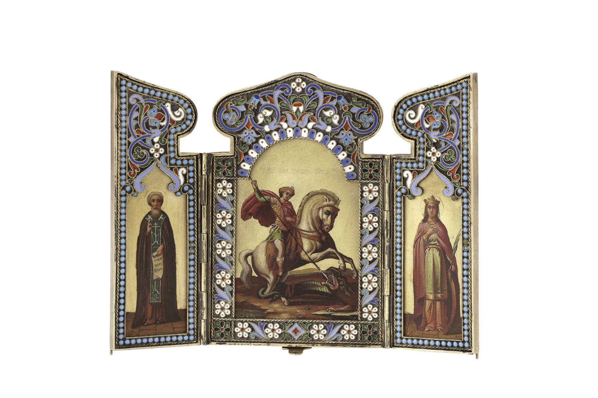 ICONA A TRITTICO RAFFIGURANTE SAN GIORGIO, SANTA CATERINA E SAN SERGIO CON MONTATURA IN ARGENTO E SM