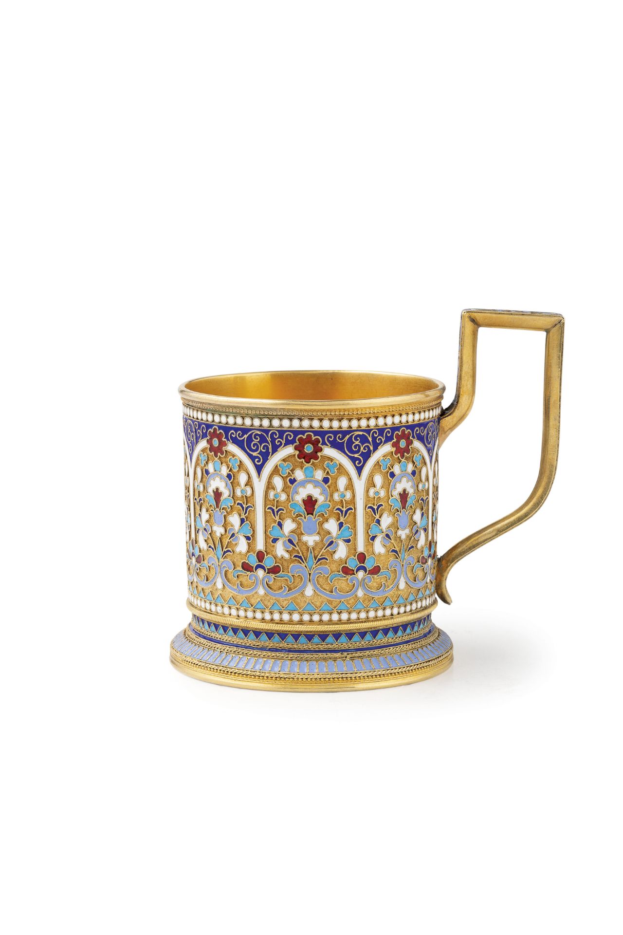 TEA CUP HOLDER IN ARGENTO DORATO E SMALTI, MOSCA, 1896-1908, ORAFO V. AKIMOV