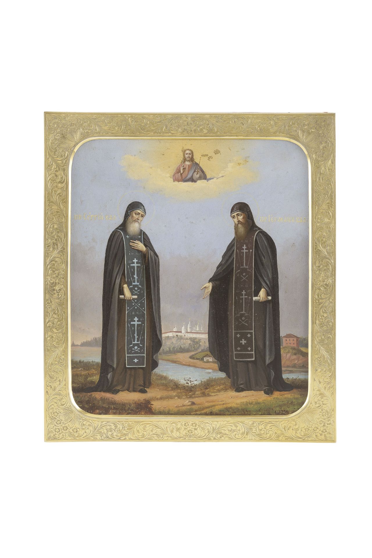 ICONA RUSSA RAFFIGURANTE I PROFETI SERGIO E GERMANO DI VALAAM, FIRMATA E DATATA 1879, CON BASMA IN A