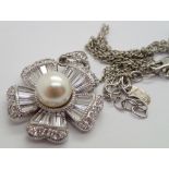 Silver faux pearl and cubic zirconia pendant on silver chain