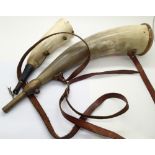 Two antique Bovine powder horns one with powder measure