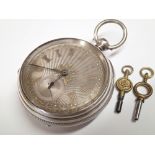 Victorian 1878 sterling silver key wind double hinged pocket watch with silver dial and two keys