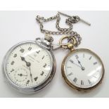 Crown wind Ingersoll Triumph chrome pocket watch and a yellow metal fob watch