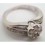 18ct white gold and diamond halo cluster ring with diamond shoulders size L/M