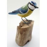 Wooden hand painted Blue Tit bird on log figurine H: 17 cm