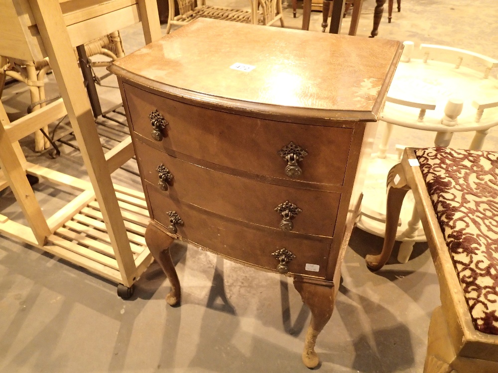 Small bed side three drawer cabinet with burr walnut veneer