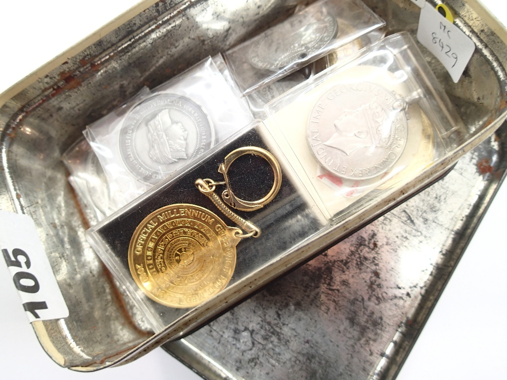 Box of mixed commemorative medals and medallions including Victorian
