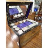 Antique Burr walnut ladies travelling vanity case with white metal top glass containers two secret