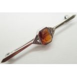 9ct white gold vintage bar brooch set with faceted amber and diamonds