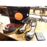 Pair of Karen Miller black evening shoes size 40 with a Mulberry leather wallet and a black