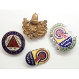 Three enamelled badges and a military type example