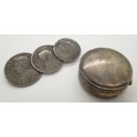 Silver brooch formed from coins including 1709 florin and a hallmarked silver pill box