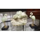 Serpentine crystal and two carved serpentine flamingos
