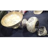 Asian brass ceiling lamp and brass bowl with engraved decoration to outside rim