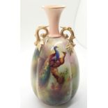 Royal Worcester blush ivory vase decorated with peacocks and three foliage