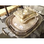 Silver plated entree dish and two silver plated serving trays,