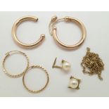 Three pairs of 9ct gold earrings, one broken and a broken chain 4.