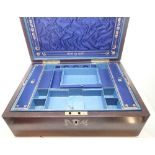 Antique rosewood ladies sewing box with inlaid mother of pearl and original blue silk interior 30 x
