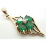 9ct gold four leaf clover green stone and diamond pendant, pendant L: 2.5 cm 2.
