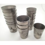 Fifteen Oriental pewter beakers with dragon decoration by Huikee,